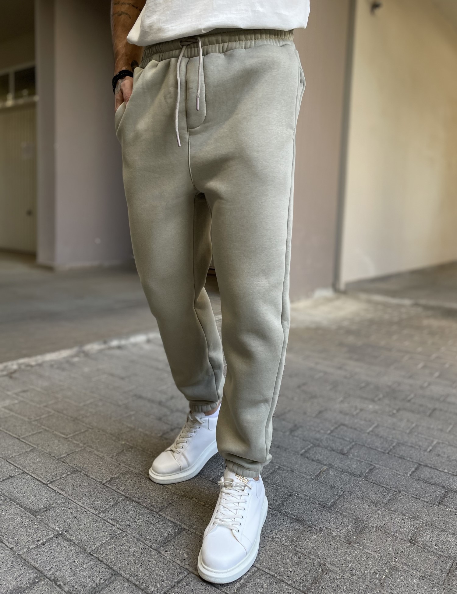 Ανδρικό λαδί ανοιχτό παντελόνι φόρμας με λάστιχο ES26001L φωτογραφία